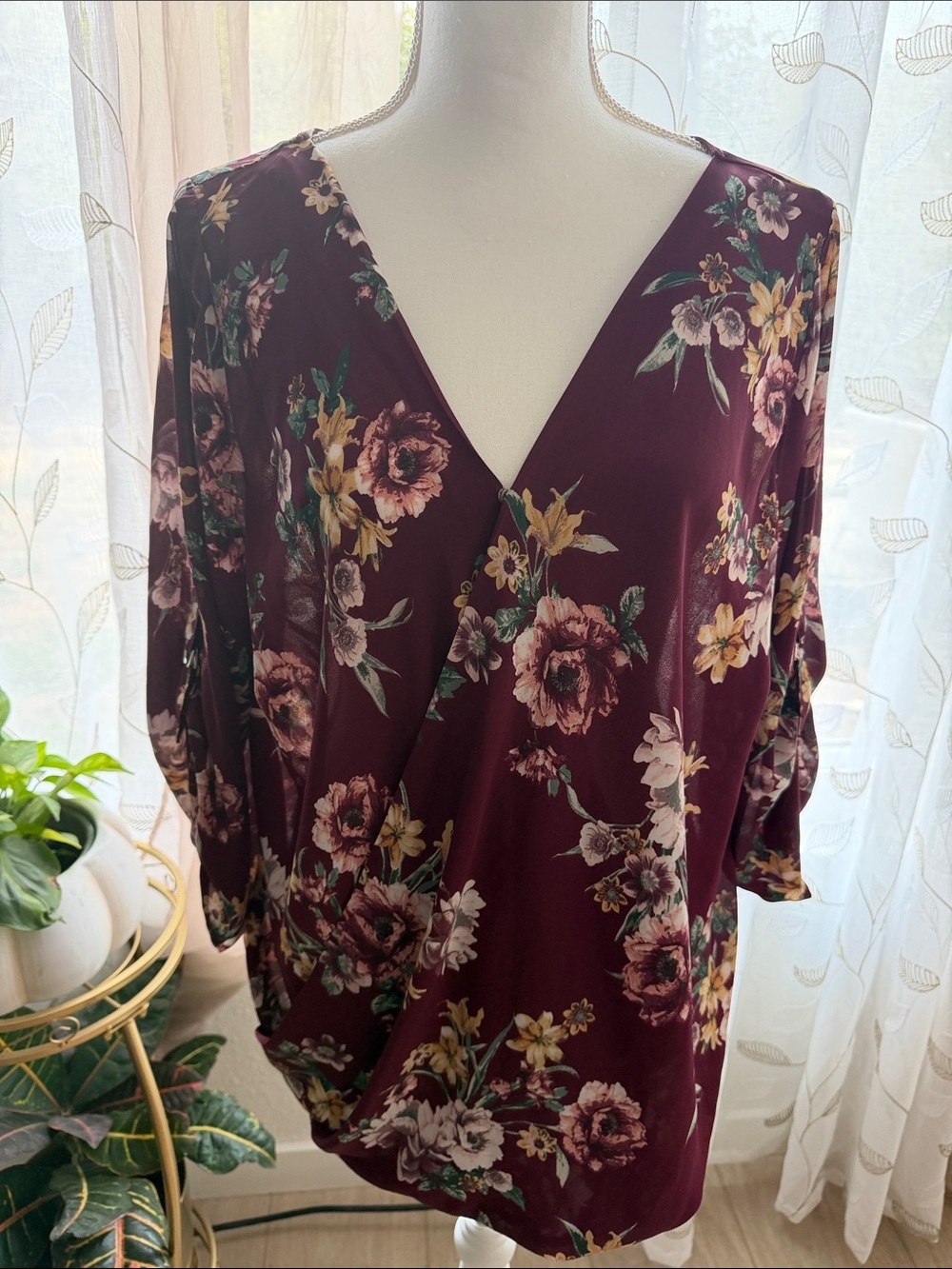 BCX Burgundy Floral Long Sleeve V-Neck Dress